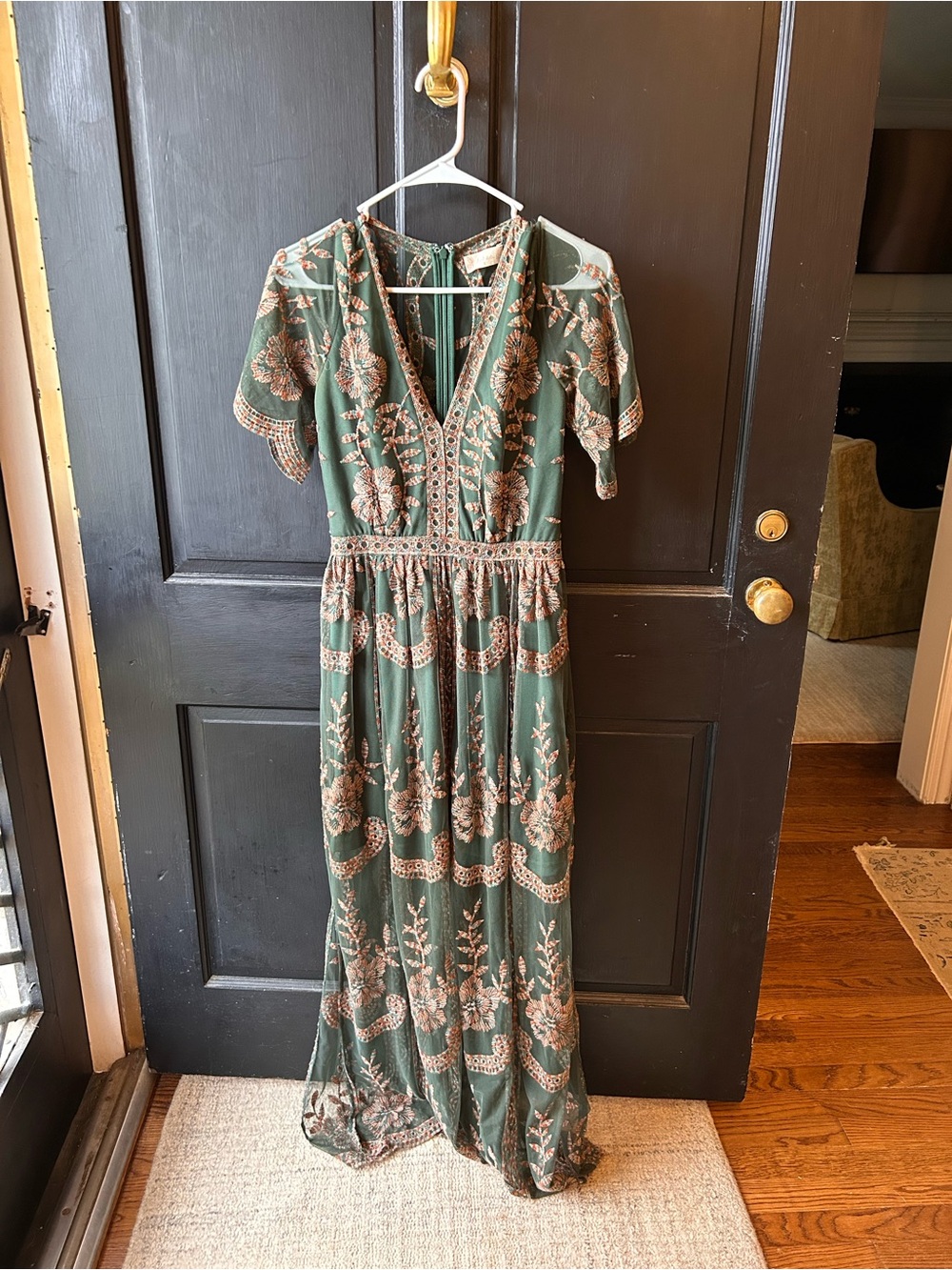 Boho Embroidered Green Floral Maxi Dress